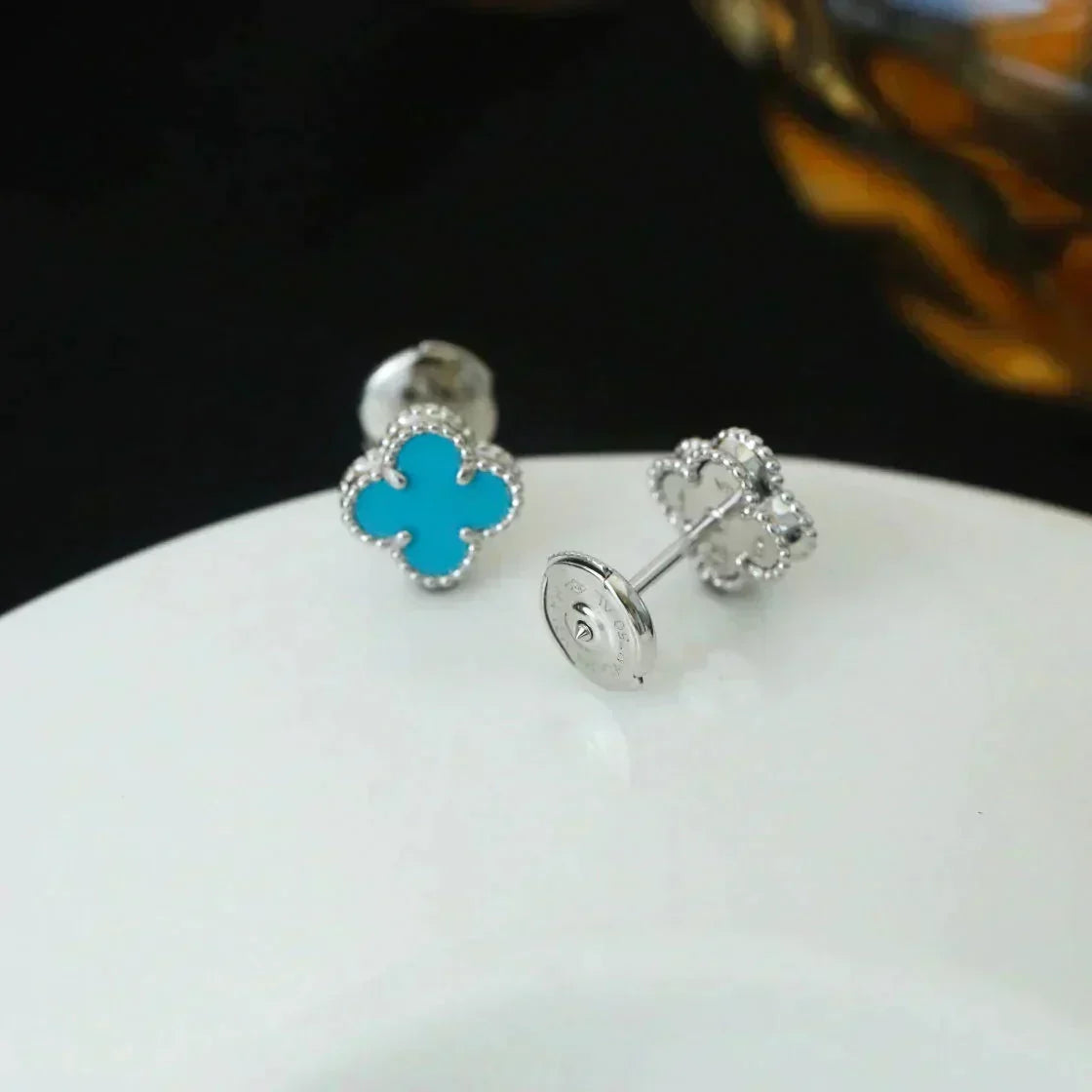 [Resenly Jewelry]CLOVER MINI 9.5MM ONYX STUD EARRINGS SILVER