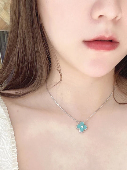 [Resenly Jewelry]CLOVER 1 DIAMOND LIGHT BLUE SILVER NECKLACE