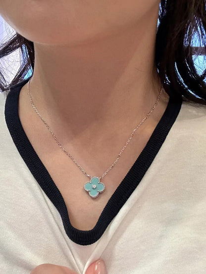 [Resenly Jewelry]CLOVER 1 DIAMOND LIGHT BLUE SILVER NECKLACE