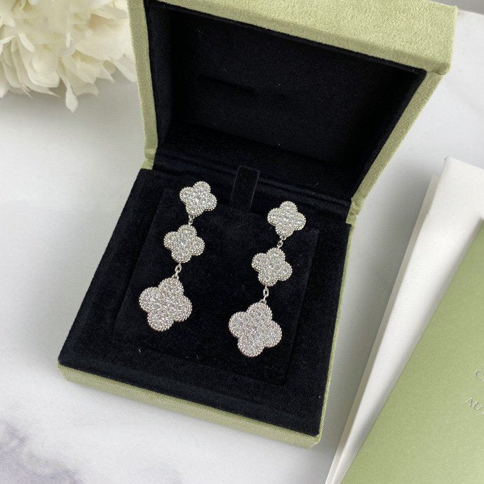 [Resenly Jewelry]CLOVER 3 MOTIF DIAMOND SILVER DROP EARRINGS