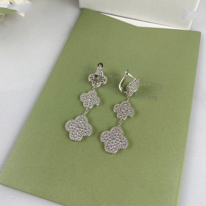 [Resenly Jewelry]CLOVER 3 MOTIF DIAMOND SILVER DROP EARRINGS