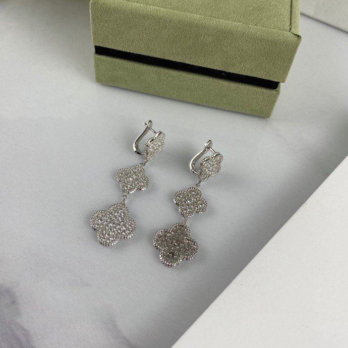 [Resenly Jewelry]CLOVER 3 MOTIF DIAMOND SILVER DROP EARRINGS