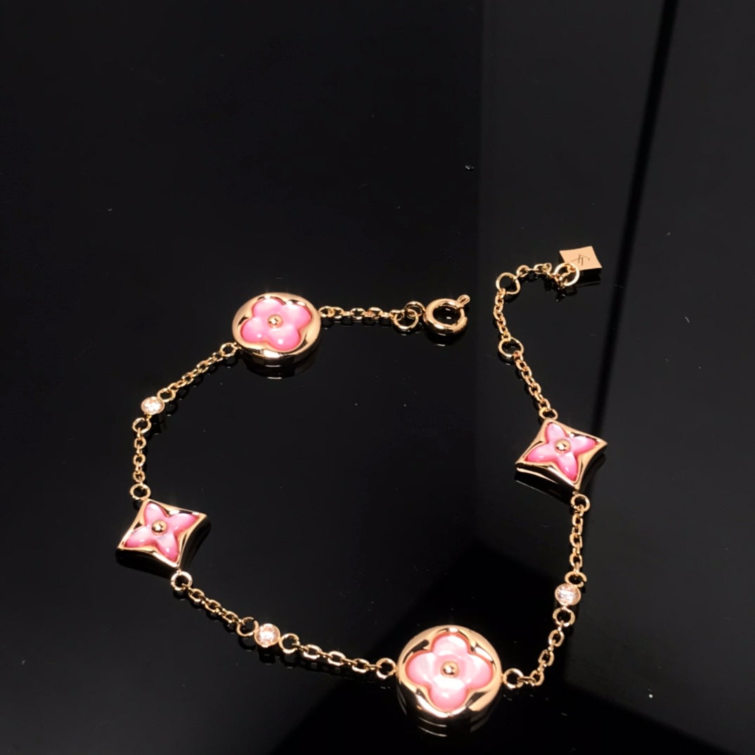 [Resenly Jewelry]STAR AND SUN 4 MOTIF PINK MOP PINK GOLD BRACELET