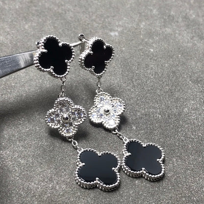 [Resenly Jewelry]CLOVER 3 MOTIF DIAMOND ONYX SILVER EARRINGS