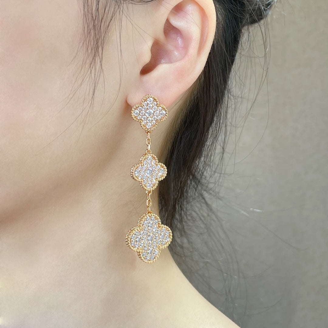 [Resenly Jewelry]CLOVER 3 MOTIFS DIAMOND PAVED ROSE GOLD EARRINGS