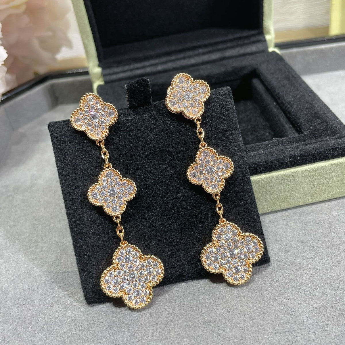 [Resenly Jewelry]CLOVER 3 MOTIFS DIAMOND PAVED ROSE GOLD EARRINGS
