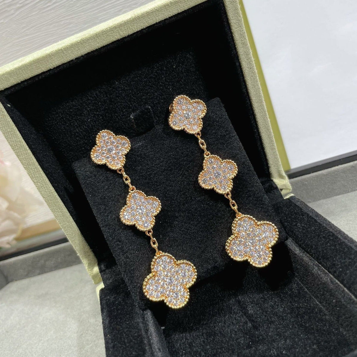 [Resenly Jewelry]CLOVER 3 MOTIFS DIAMOND PAVED ROSE GOLD EARRINGS