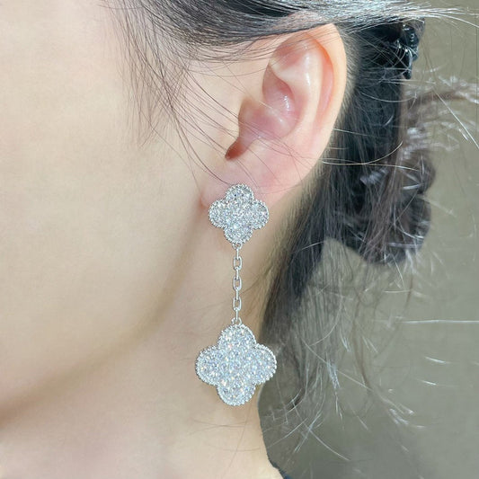 [Resenly Jewelry]CLOVER 2 MOTIFS DIAMOND PAVED SILVER EARRINGS