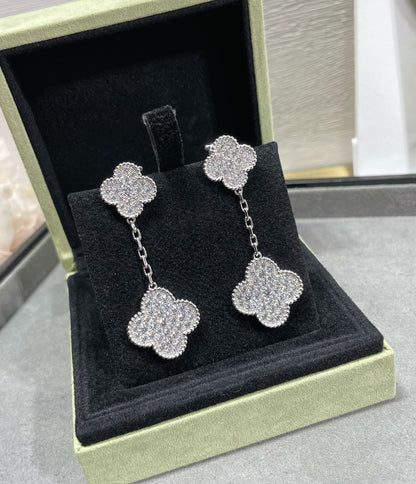 [Resenly Jewelry]CLOVER 2 MOTIFS DIAMOND PAVED SILVER EARRINGS