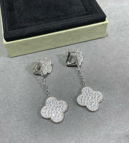 [Resenly Jewelry]CLOVER 2 MOTIFS DIAMOND PAVED SILVER EARRINGS