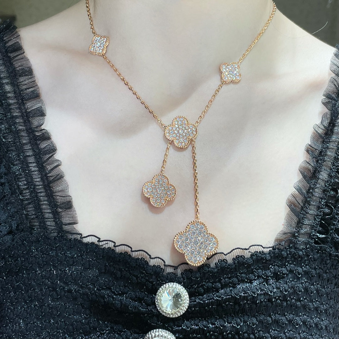 [Resenly Jewelry]CLOVER 6 MOTIF DIAMOND PAVED NECKLACE