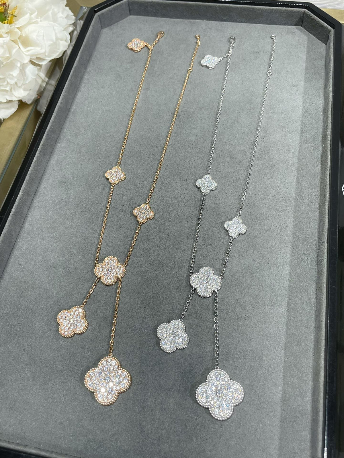 [Resenly Jewelry]CLOVER 6 MOTIF DIAMOND PAVED NECKLACE
