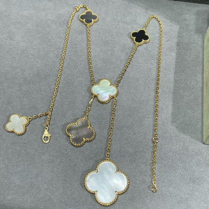 [Resenly Jewelry]CLOVER 6 MOTIF MOP ONYX GOLD NECKLACE
