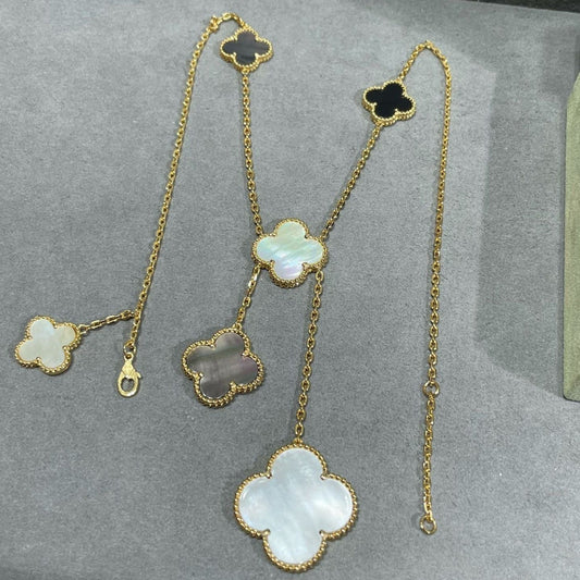 [Resenly Jewelry]CLOVER 6 MOTIF MOP ONYX GOLD NECKLACE