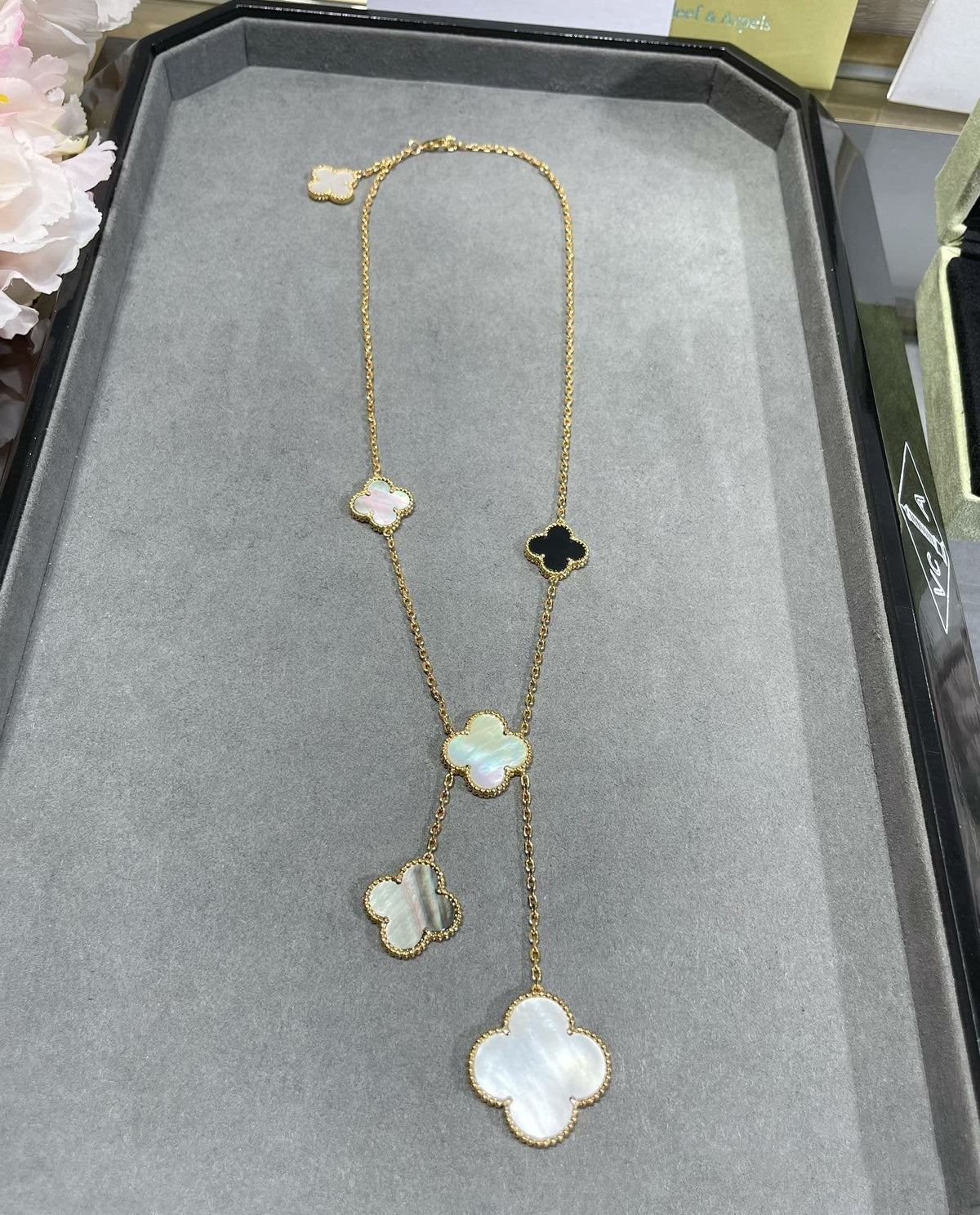 [Resenly Jewelry]CLOVER 6 MOTIF MOP ONYX GOLD NECKLACE