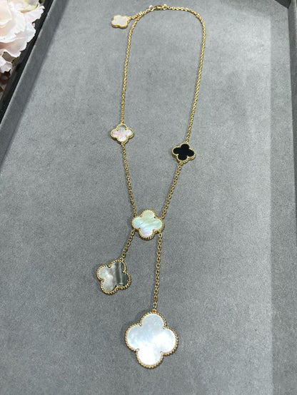 [Resenly Jewelry]CLOVER 6 MOTIF MOP ONYX GOLD NECKLACE