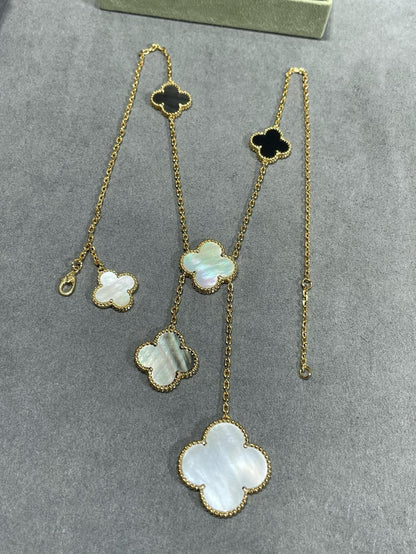 [Resenly Jewelry]CLOVER 6 MOTIF MOP ONYX GOLD NECKLACE