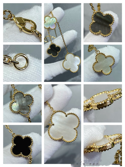 [Resenly Jewelry]CLOVER 6 MOTIF MOP ONYX GOLD NECKLACE