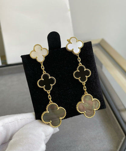 [Resenly Jewelry]CLOVER 3 MOTIF MOP ONYX DARK MOP PINK GOLD EARRINGS