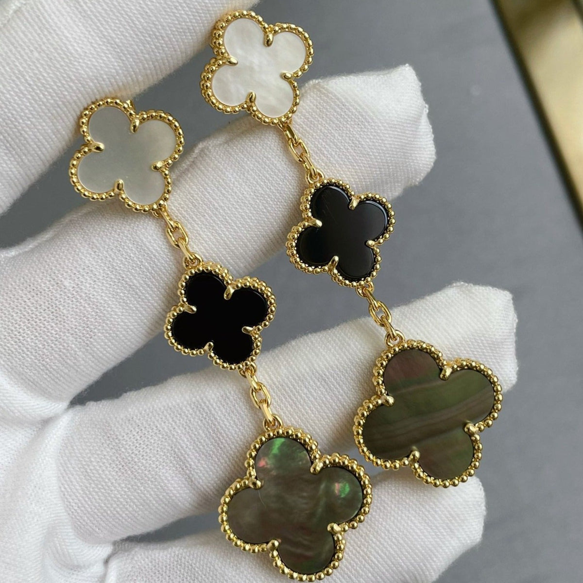 [Resenly Jewelry]CLOVER 3 MOTIF MOP ONYX DARK MOP PINK GOLD EARRINGS