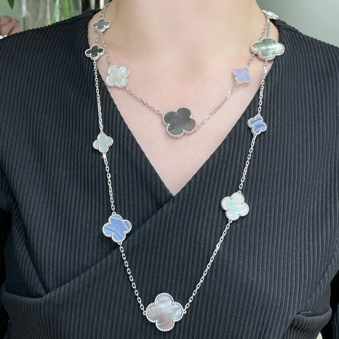 [Resenly Jewelry]CLOVER 16 MOTIF CHALCEDONY MOP SILVER NECKLACE