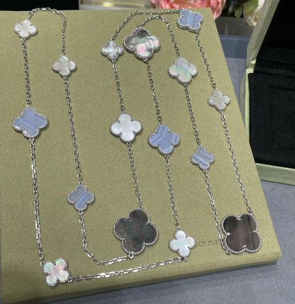 [Resenly Jewelry]CLOVER 16 MOTIF CHALCEDONY MOP SILVER NECKLACE