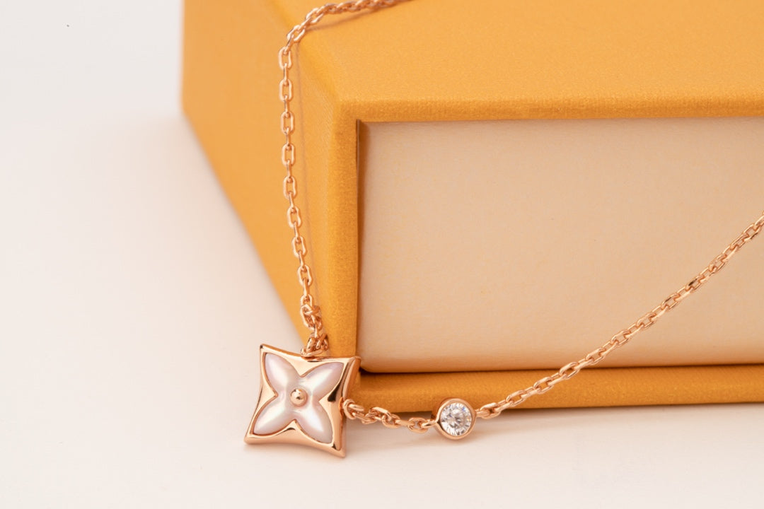 [Resenly Jewelry]STAR PINK MOP 1 DIAMOND PINK GOLD NECKLACE