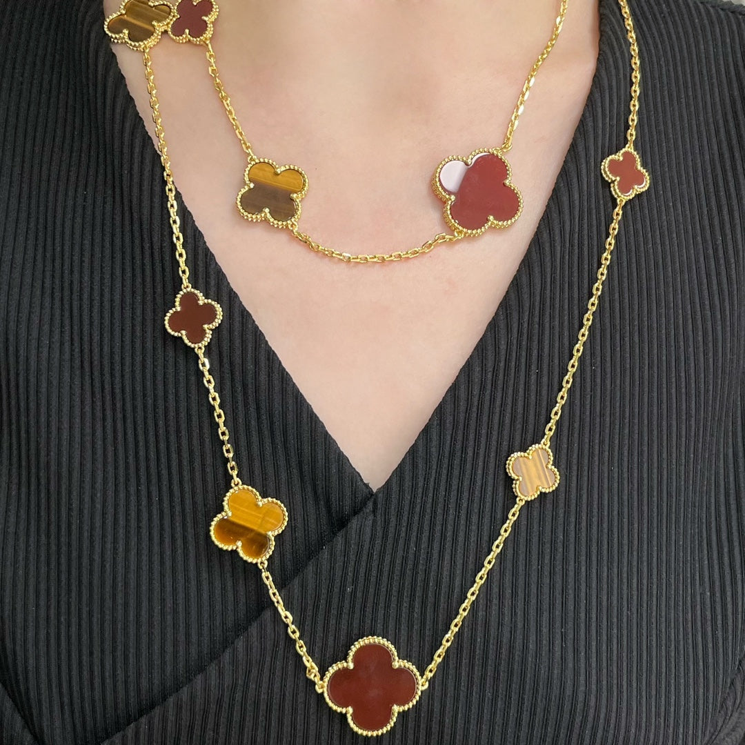 [Resenly Jewelry]CLOVER 16 MOTIF CARNELIAN TIGER EYE ROSE GOLD NECKLACE