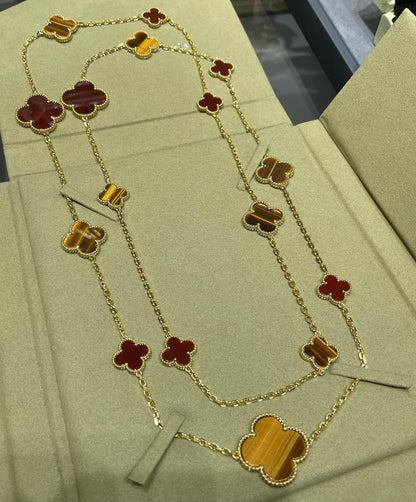 [Resenly Jewelry]CLOVER 16 MOTIF CARNELIAN TIGER EYE ROSE GOLD NECKLACE