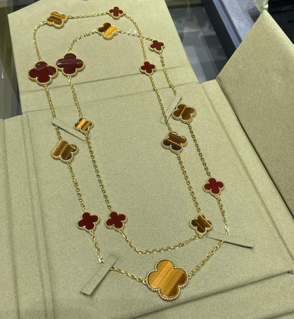 [Resenly Jewelry]CLOVER 16 MOTIF CARNELIAN TIGER EYE ROSE GOLD NECKLACE