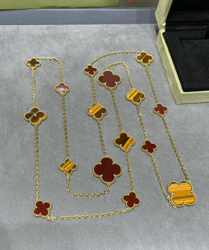 [Resenly Jewelry]CLOVER 16 MOTIF CARNELIAN TIGER EYE ROSE GOLD NECKLACE