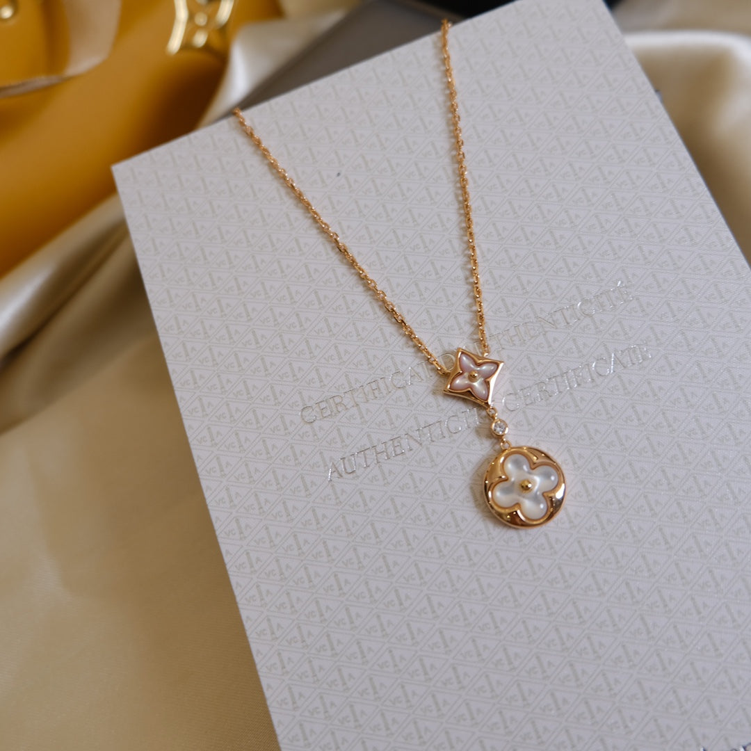 [Resenly Jewelry]STAR AND SUN WHITE MOP 2 MOTIF PINK GOLD NECKLACE