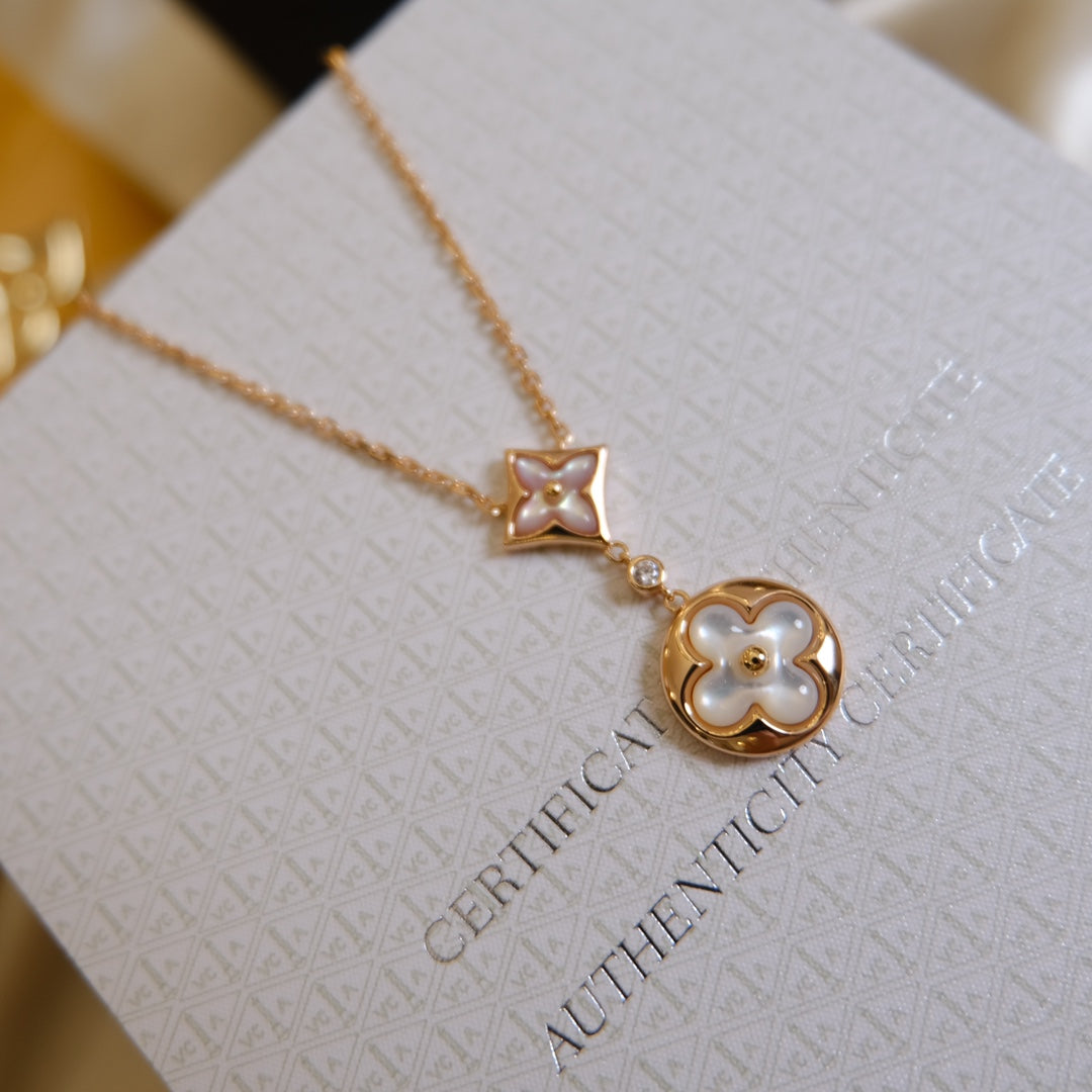 [Resenly Jewelry]STAR AND SUN WHITE MOP 2 MOTIF PINK GOLD NECKLACE