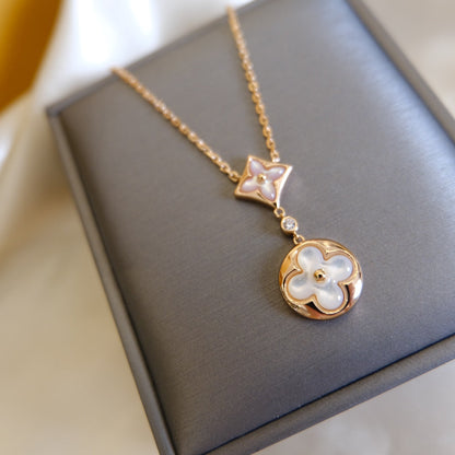 [Resenly Jewelry]STAR AND SUN WHITE MOP 2 MOTIF PINK GOLD NECKLACE