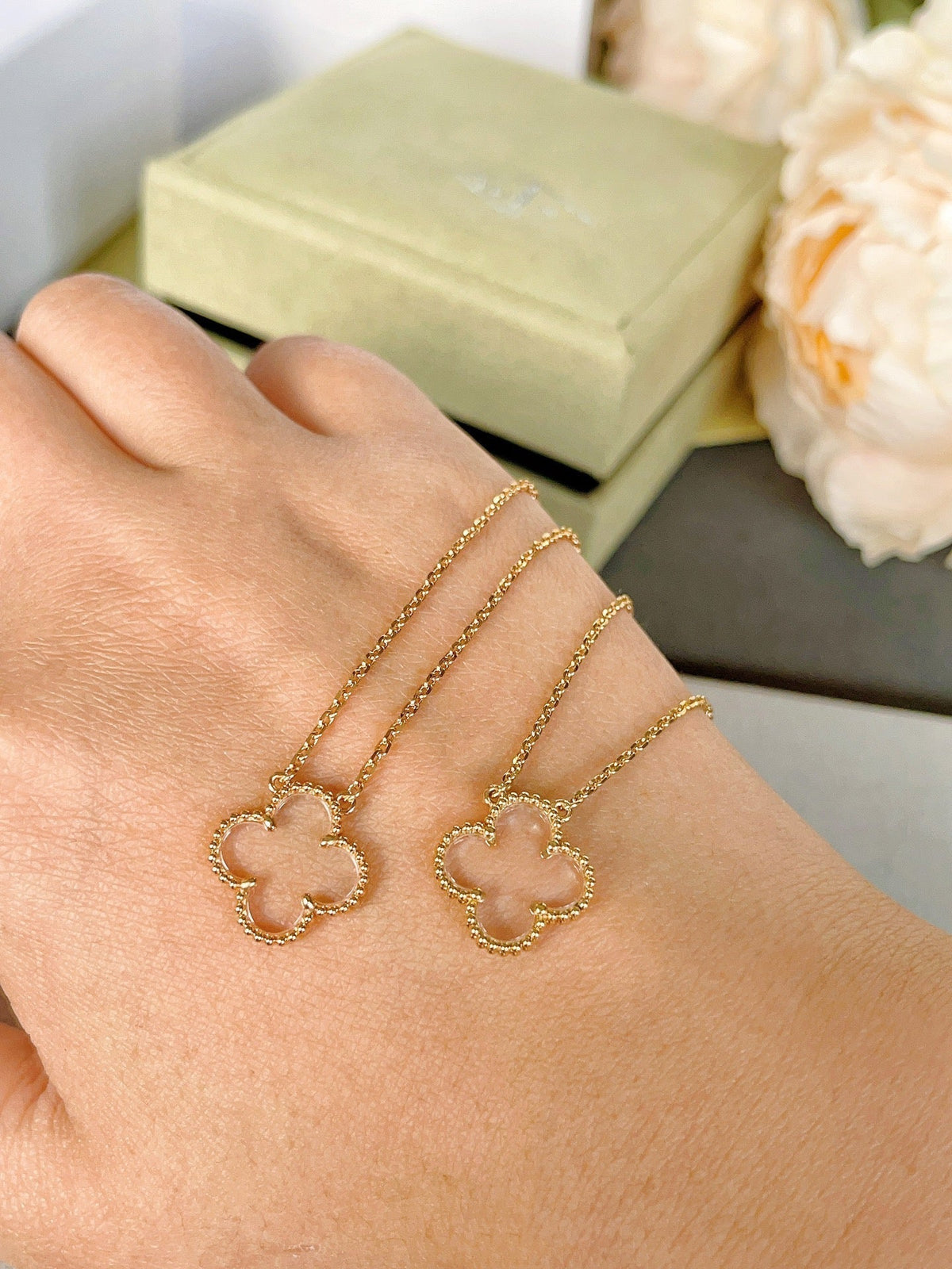 [Resenly Jewelry]CLOVER ROCK CRYSTAL ROSE GOLD NECKLACE