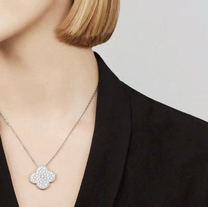 [Resenly Jewelry]CLOVER 25MM LARGE PENDANT DIAMOND PAVED SILVER NECKLACE