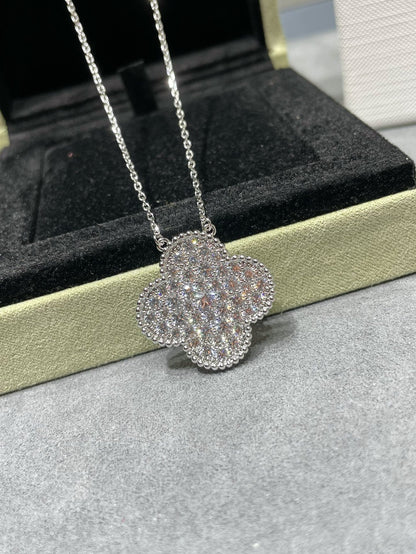 [Resenly Jewelry]CLOVER 25MM LARGE PENDANT DIAMOND PAVED SILVER NECKLACE