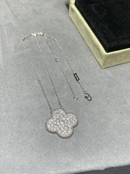 [Resenly Jewelry]CLOVER 25MM LARGE PENDANT DIAMOND PAVED SILVER NECKLACE