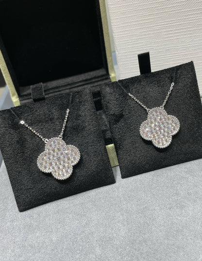 [Resenly Jewelry]CLOVER 25MM LARGE PENDANT DIAMOND PAVED SILVER NECKLACE
