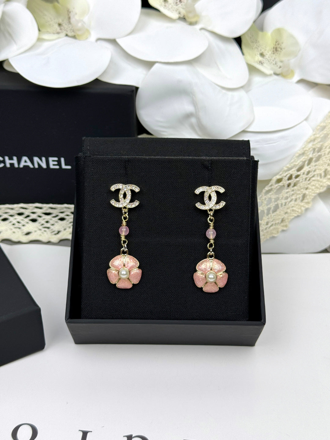 [Resenly Jewelry]26C Pink Camellia Enamel Pendant with Double C Earrings