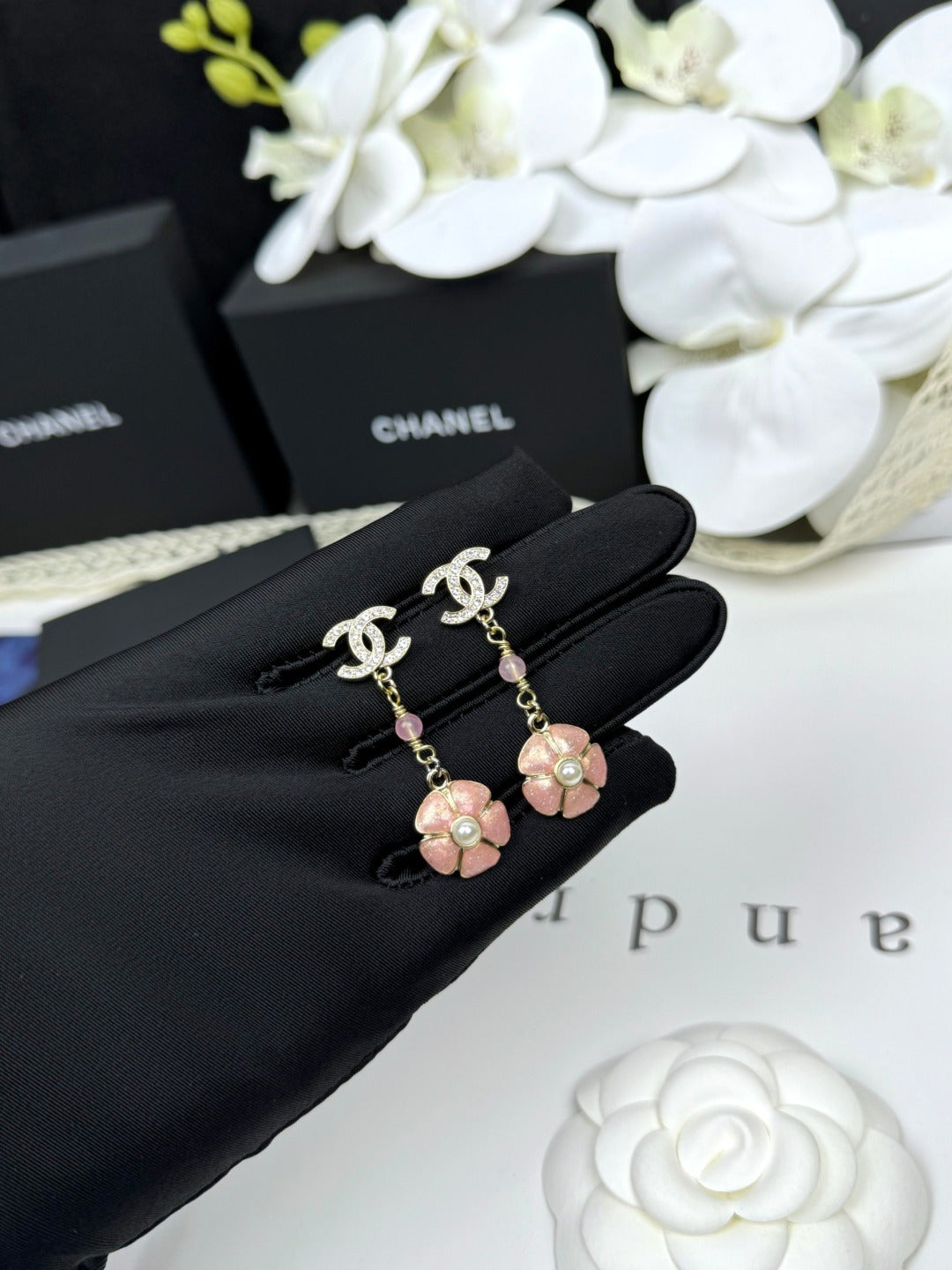 [Resenly Jewelry]26C Pink Camellia Enamel Pendant with Double C Earrings