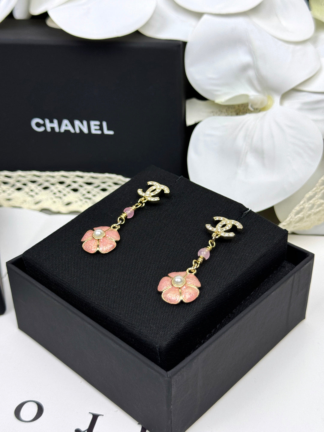 [Resenly Jewelry]26C Pink Camellia Enamel Pendant with Double C Earrings