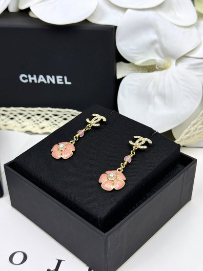 [Resenly Jewelry]26C Pink Camellia Enamel Pendant with Double C Earrings