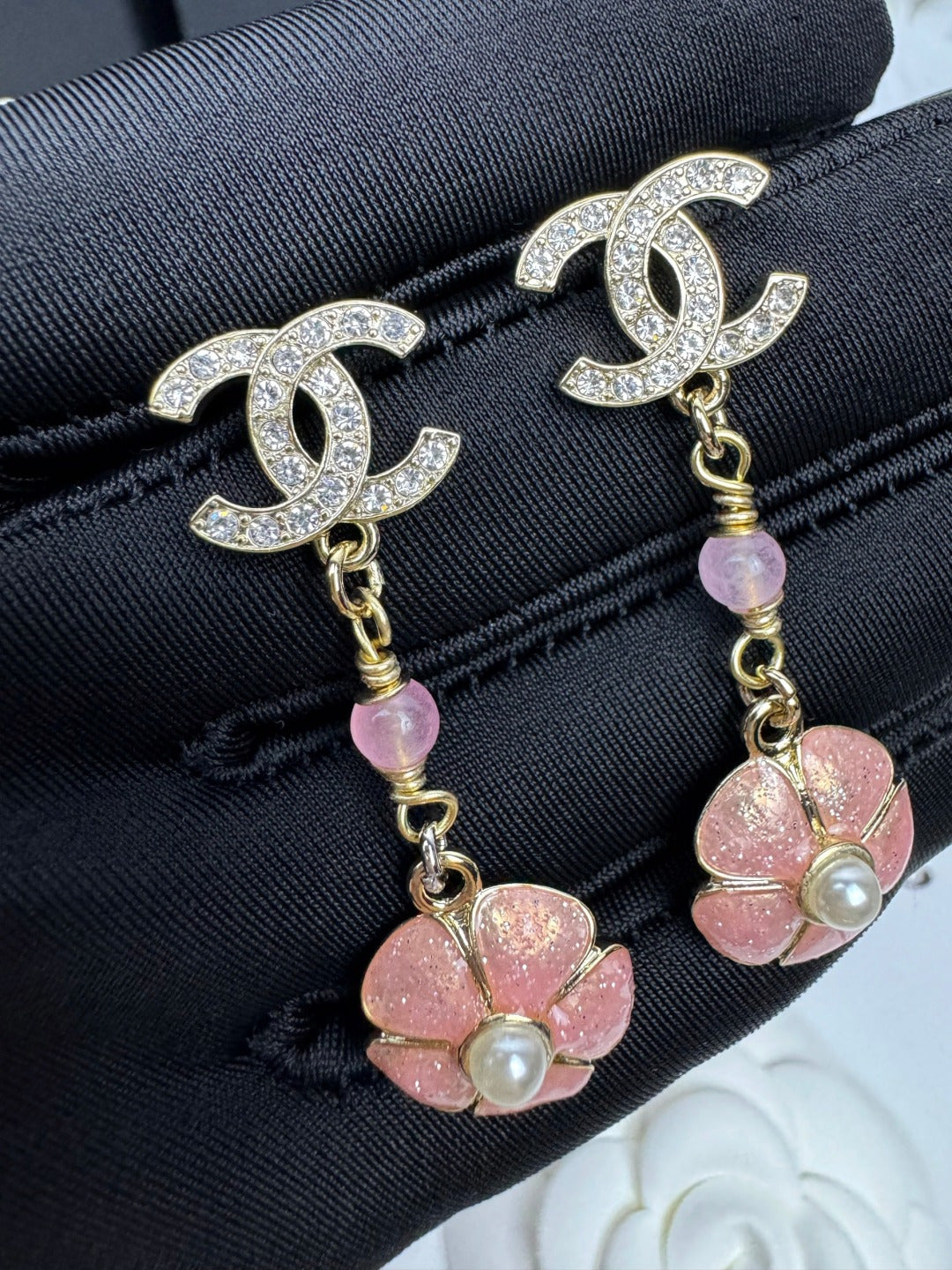 [Resenly Jewelry]26C Pink Camellia Enamel Pendant with Double C Earrings