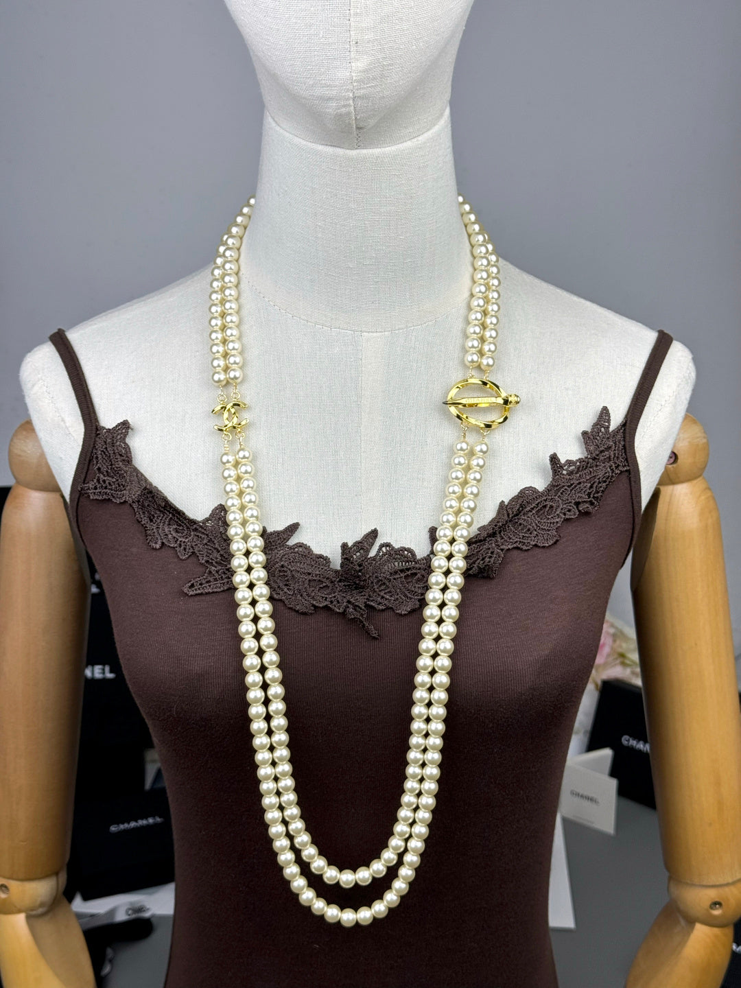 [Resenly Jewelry]25K Pencil Double C Double-Layer Pearl Sweater Chain