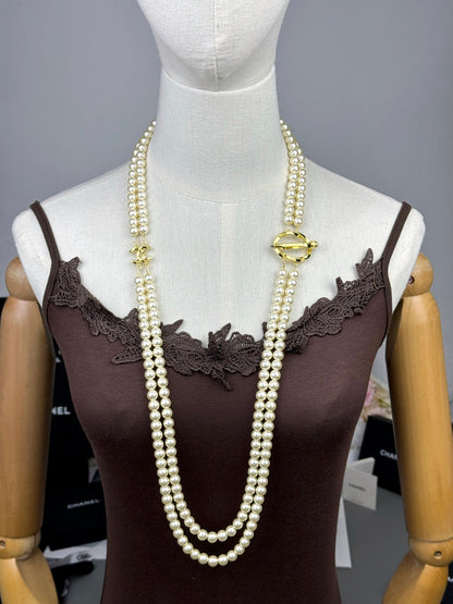 [Resenly Jewelry]25K Pencil Double C Double-Layer Pearl Sweater Chain