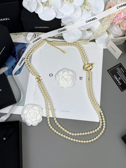 [Resenly Jewelry]25K Pencil Double C Double-Layer Pearl Sweater Chain