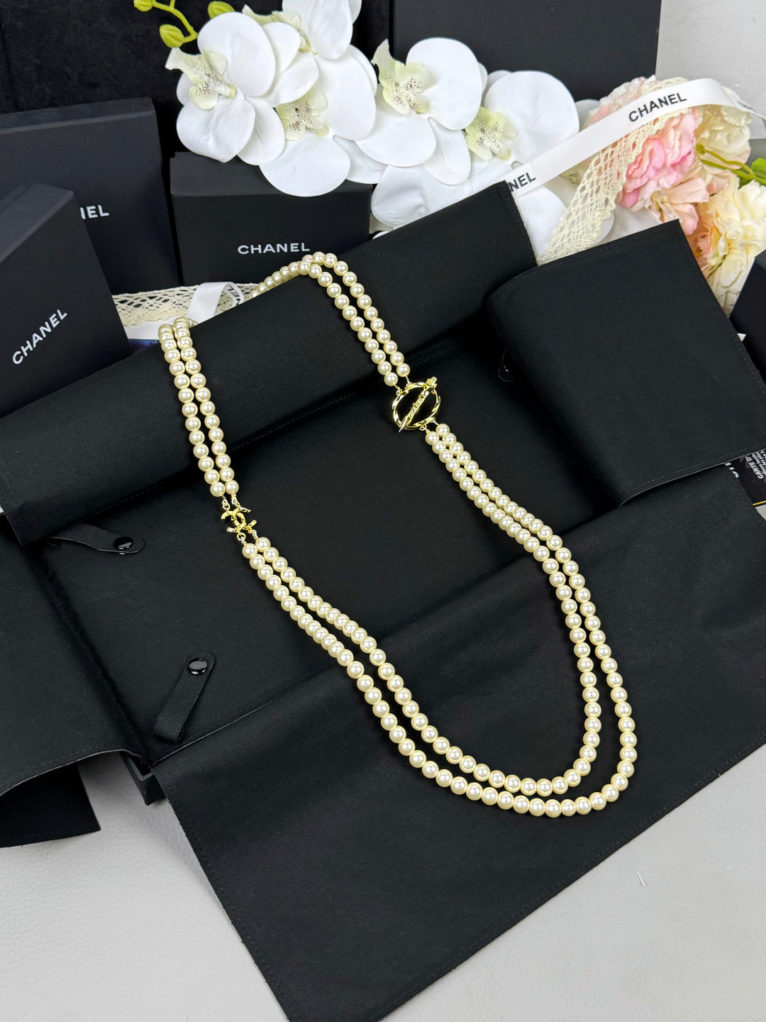 [Resenly Jewelry]25K Pencil Double C Double-Layer Pearl Sweater Chain