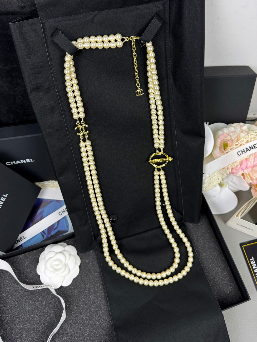[Resenly Jewelry]25K Pencil Double C Double-Layer Pearl Sweater Chain