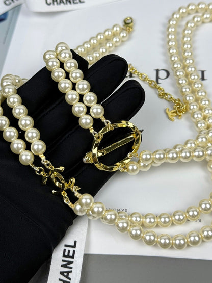 [Resenly Jewelry]25K Pencil Double C Double-Layer Pearl Sweater Chain